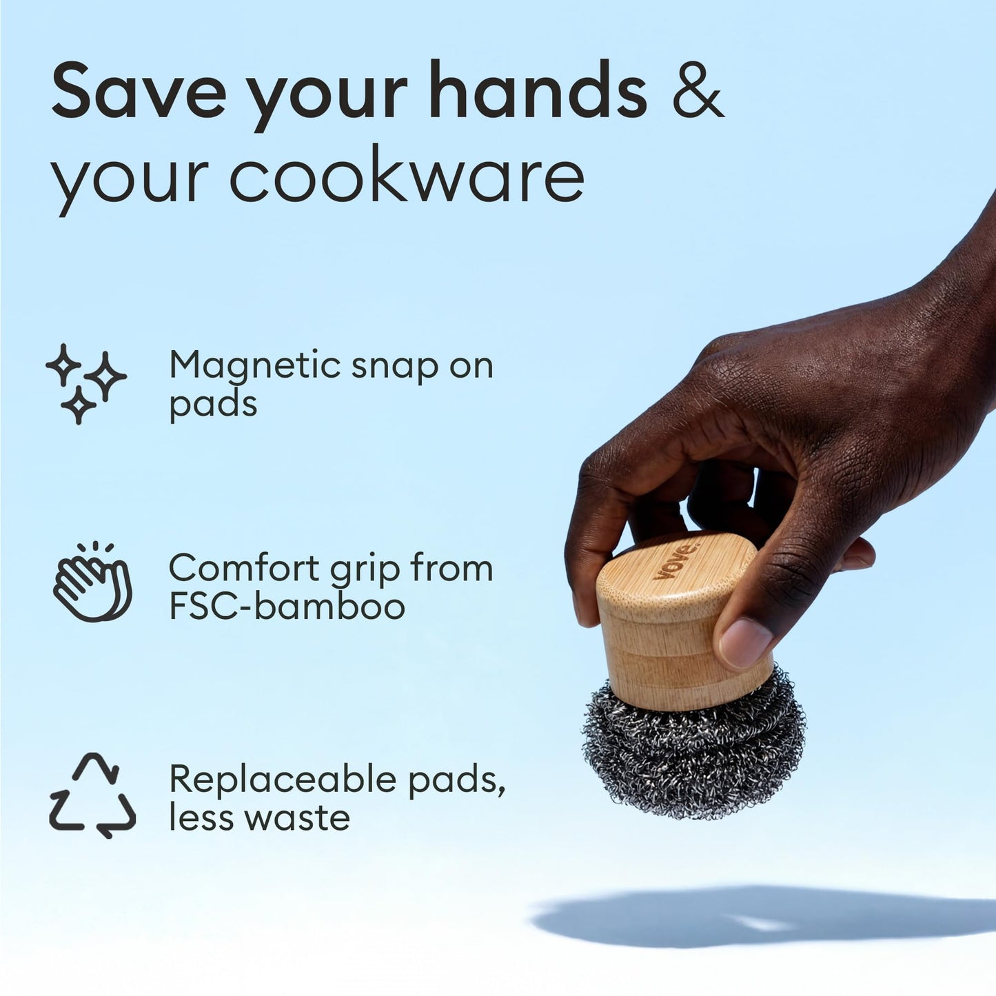 Vove Magnetic Scourer – Rust-Free Stainless Steel Scrubber with FSC-Certified Bamboo Handle, 3 Replacement Pads, for Cast Iron, Pots & Pans, Plastic-Free Zero Waste Cleaner