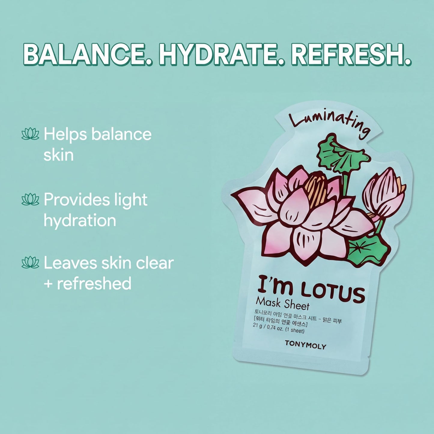 TONYMOLY I’m Lotus Luminating Sheet Mask – Korean Skincare Face Mask with Lotus Extract, Hydrating & Moisturizing Essence for Radiant, Glowing Skin, Soothing Vitamin-Infused Facial Sheet
