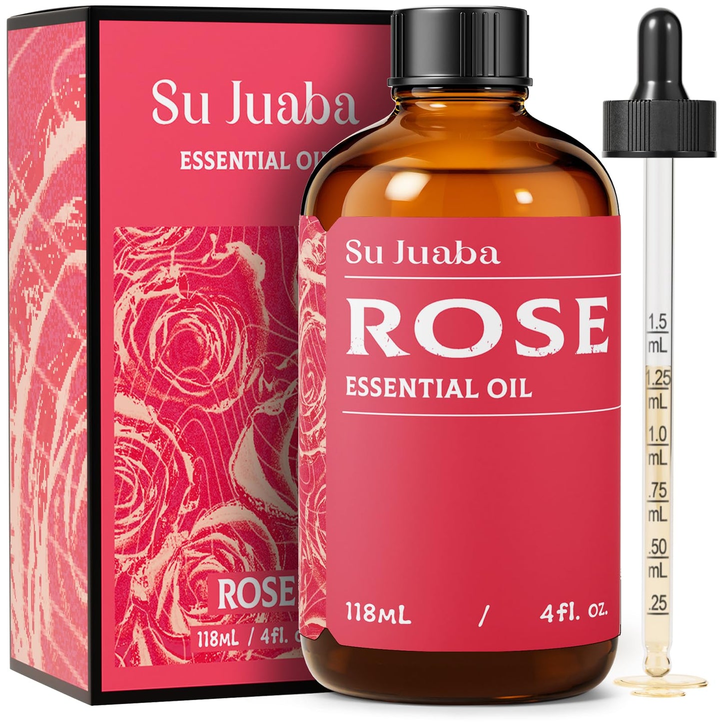 SU JUABA Rose Essential Oil 4 Fl Oz, Rose Oil for Face, Skin, Hair, Diffuser, Aromatherapy -118ml