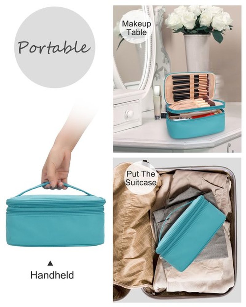 Relavel Travel Makeup Bag, Compact Cosmetic Bag for Women, Waterproof Makeup Brush Holder Organizer with Adjustable Dividers (Blue)