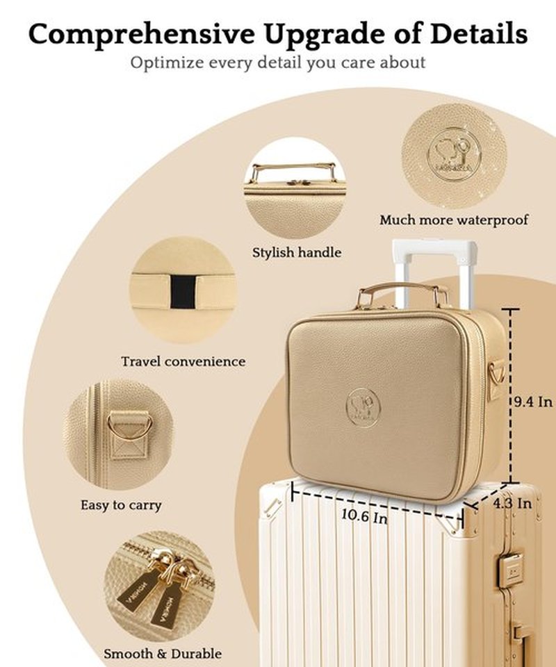 MOMIRA Travel Makeup Bag Cosmetic Bag with Lighted Mirror, Adjustable Brightness in 3 Color Scenarios/Detachable makeup mirror, 2024-All-round Upgrade, Waterproof, Gift for Women -Gold