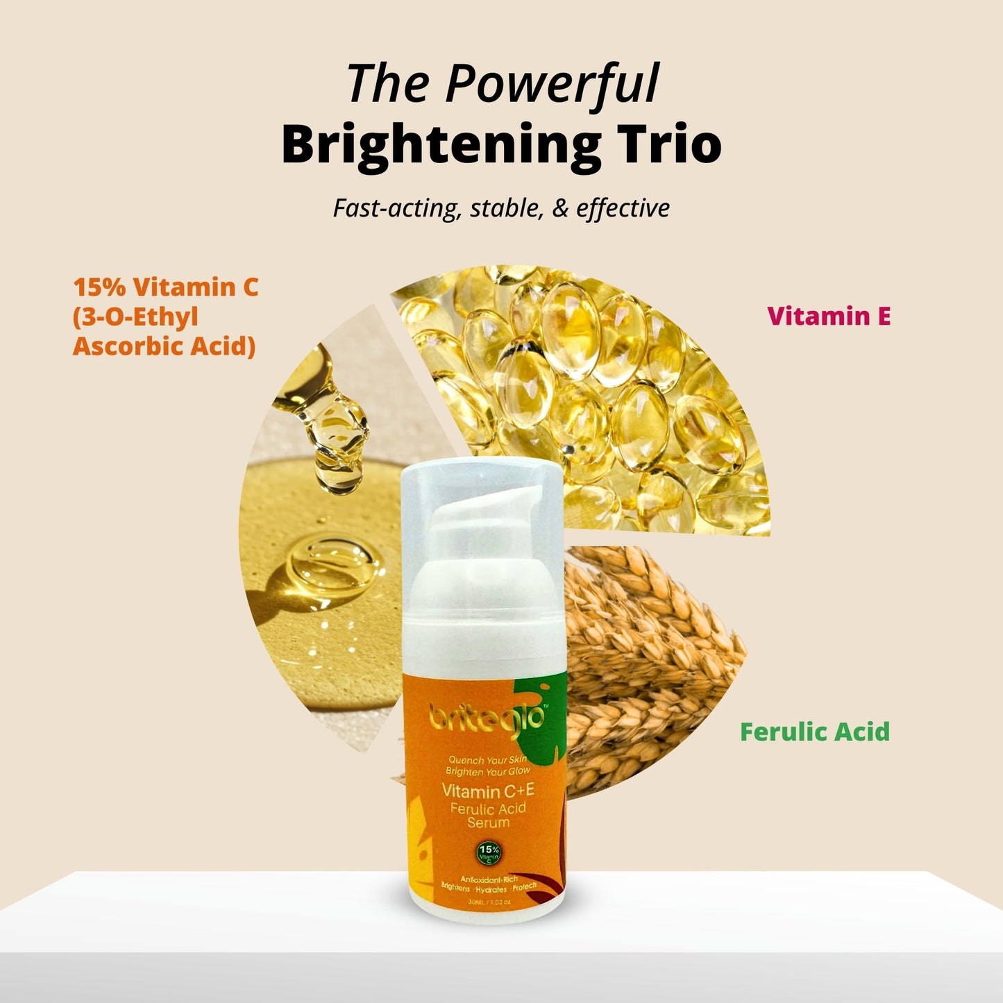 Briteglo Vitamin C Serum 15% for Face with 3-O-Ethyl Ascorbic Acid, Niacinamide & Ferulic Acid – Dark Spot Corrector, Brightening & Anti-Aging Facial Serum, Fragrance Free - Pack of 6