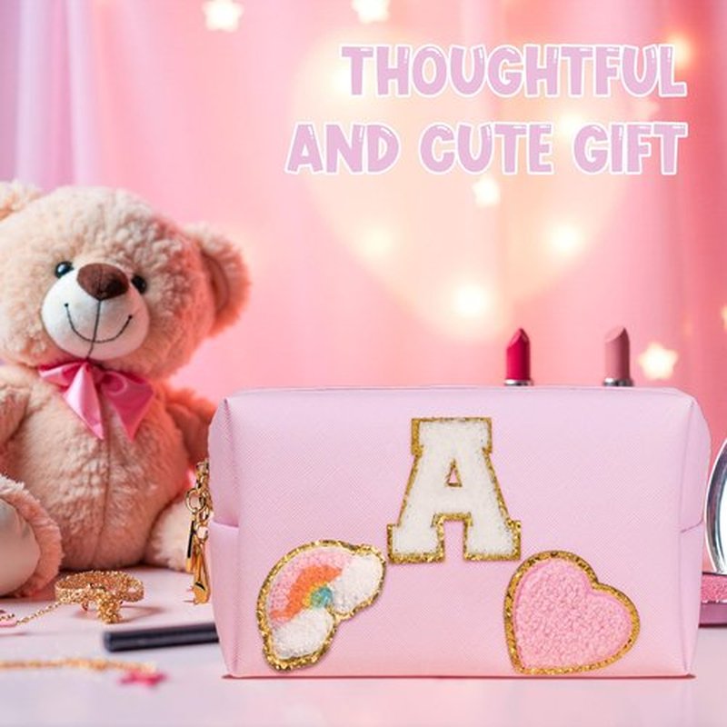 Elilier Birthday Gifts for Girls, Travel Makeup Bag Chenille Letter Pouch Cosmetic Bag, Makeup Travel Organizer, Monogrammed Bridesmaid Gifts for Women, Cute Stuff For Girls (Medium)