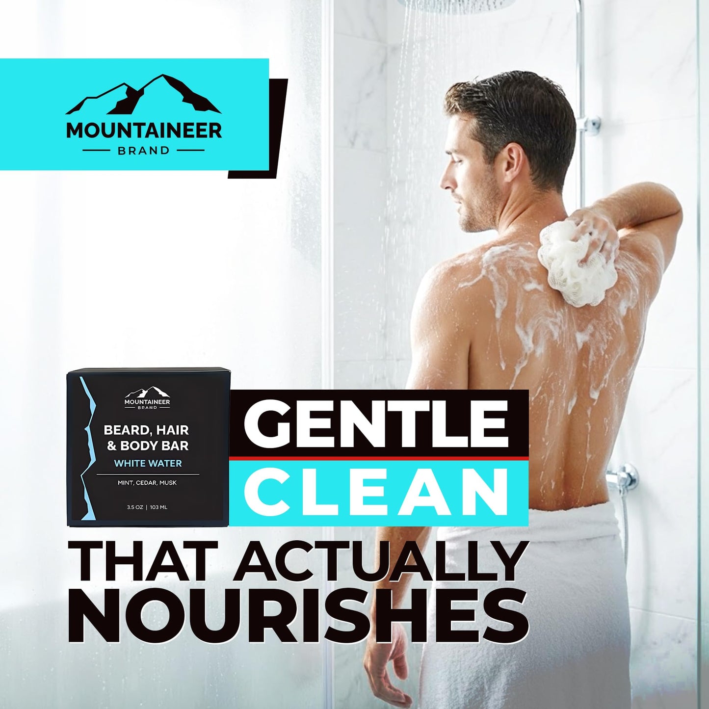 Mountaineer Brand Beard, Hair and Body Bar | Men's Bar Soap for Women too | All Natural Beard Shampoo & Conditioner | Face Wash | Body Scrub | For Sensitive Skin | Handcrafted White Water Scent 4oz