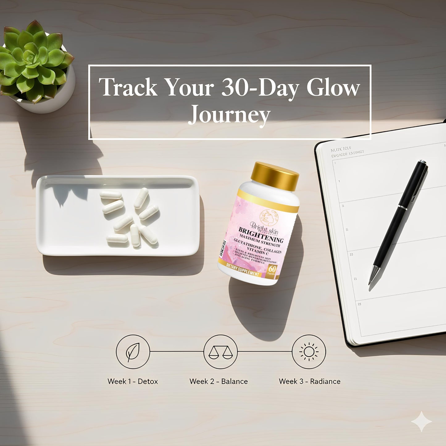 Bright Skin Cosmetics Brightening Supplements with Glutathione, Collagen, and Vitamin C