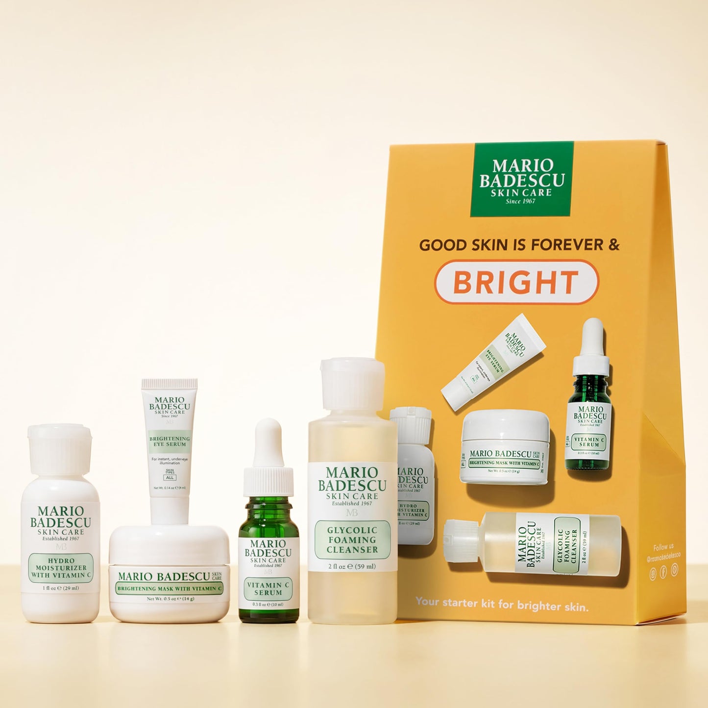 Mario Badescu Good Skin Is Forever & Bright 5-Piece Skincare Set – Glycolic Cleanser, Vitamin C Serum, Hydro Moisturizer, Brightening Mask & Eye Serum for Radiance