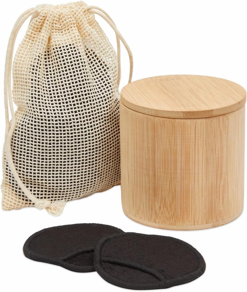 Reusable Cotton Rounds - 18 Pack for Makeup Removal | Bamboo Holder & Mesh Storage Bag (Black)