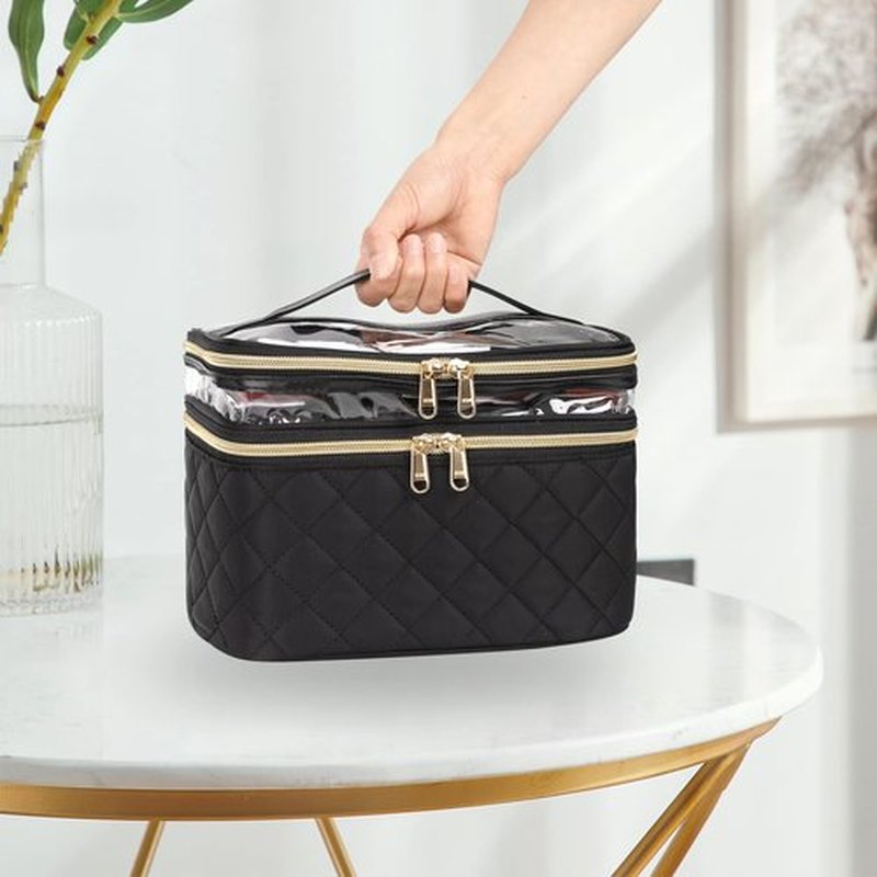 OCHEAL Makeup Bag, Double layer Cosmetic Cases Travel Makeup Organizer Toiletry Bags Large Make Up Bag For Women Girls with Adjustable Dividers and Brush Organize Area -Black Rhombus