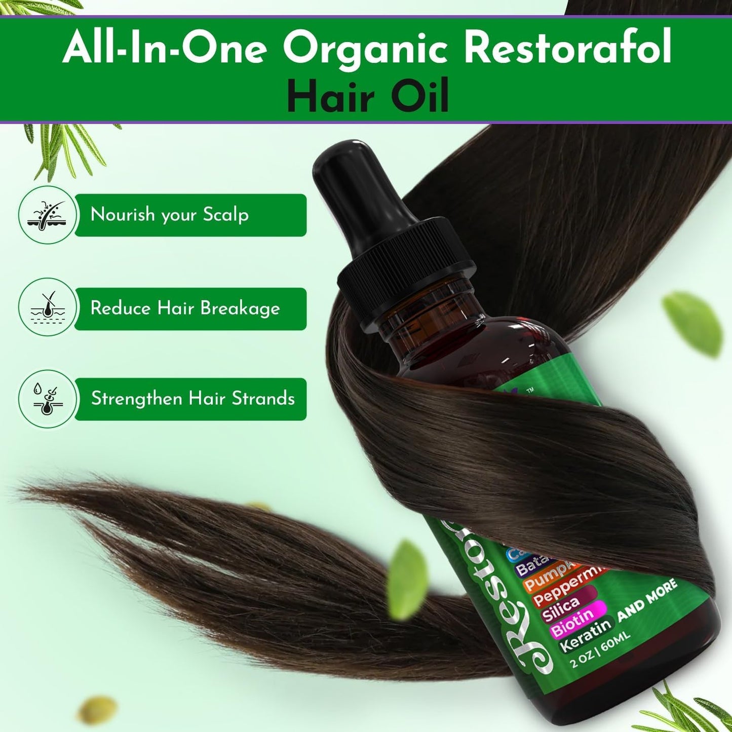 Clean Beauty Rosemary Hair Oil For Growth with Castor Batana Pumpkin Seed Peppermint Silica Biotin Collagen Keratin Saw Palmetto Horsetail Tea Tree Vit E Aloe Vera Jojoba (2 Pack)