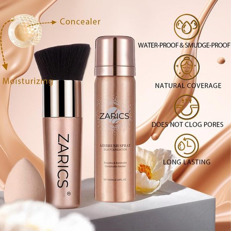 Silk Airbrush Foundation Spray with Buffing Brush, Buildable Coverage, Long Lasting Waterproof, Medium, Airbrush Makeup Foundation for Smooth Radiant Skin, Concealer (Warm, 2.28 Fl Oz)
