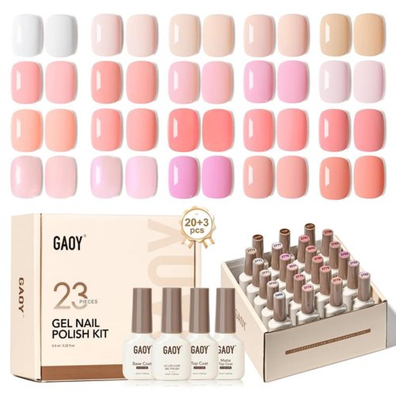 GAOY 23 Pcs Gel Nail Polish Kit, White Pink Nude Colors UV Gel Nail Polish Set with Glossy & Matte Top Coat and Base Coat for Nail Art DIY Gel Nail Kit