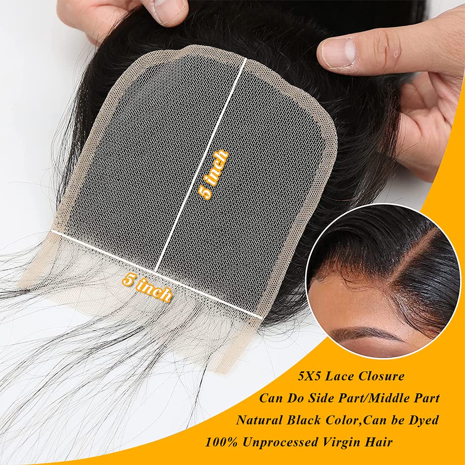 QTHAIR 14A Grade 5x5 Transparent Color Lace Closure 130%-150% Density (16", 5x5 Straight Closure)