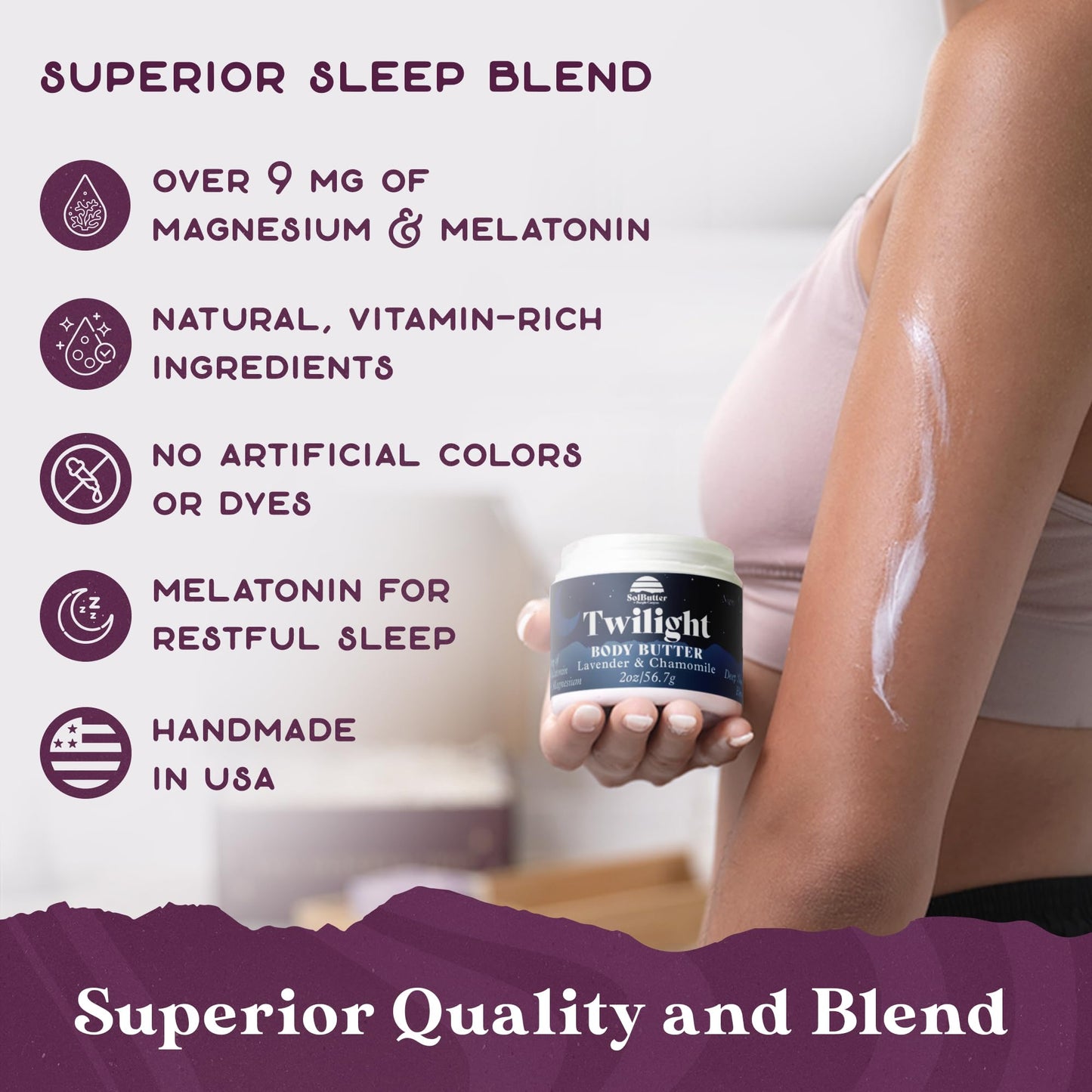 PURPLE CANYON SolButter 2 oz Twilight Night Cream | Magnesium and Melatonin Whipped Body Butter | Lavender Chamomile Body Lotion for Women