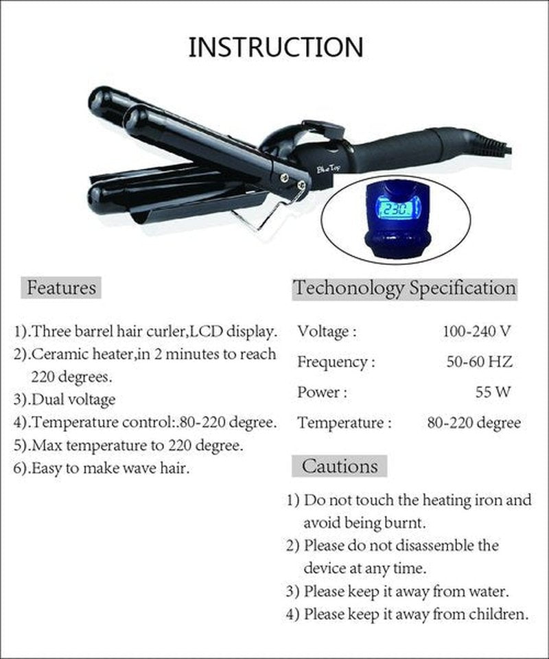 BLUETOP Three Barrel Curling Iron, Ceramic Hair Waver with LCD Display, Adjustable Temp Triple Barrel Crimper Hair Tool, Fast Heating Iron, Wavy Hair, Dual Voltage, 1 Count (Pack of 1)