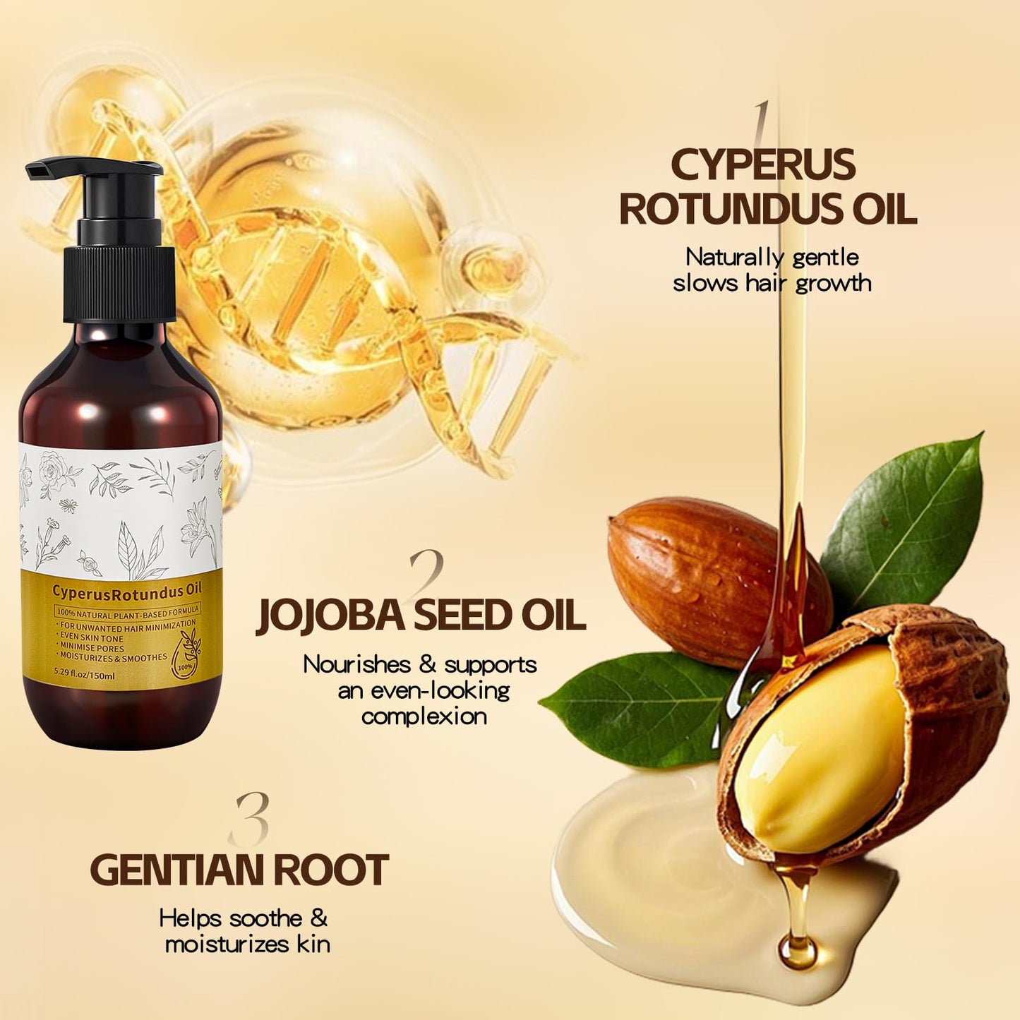 NIZENTA Round-Leaf Cyperus Rotundus Essential Oil, Reduces Body Hair Growth, Minimizes Pores, Moisturizes and Soothes the Skin, Suitable for all Skin Types 150ml