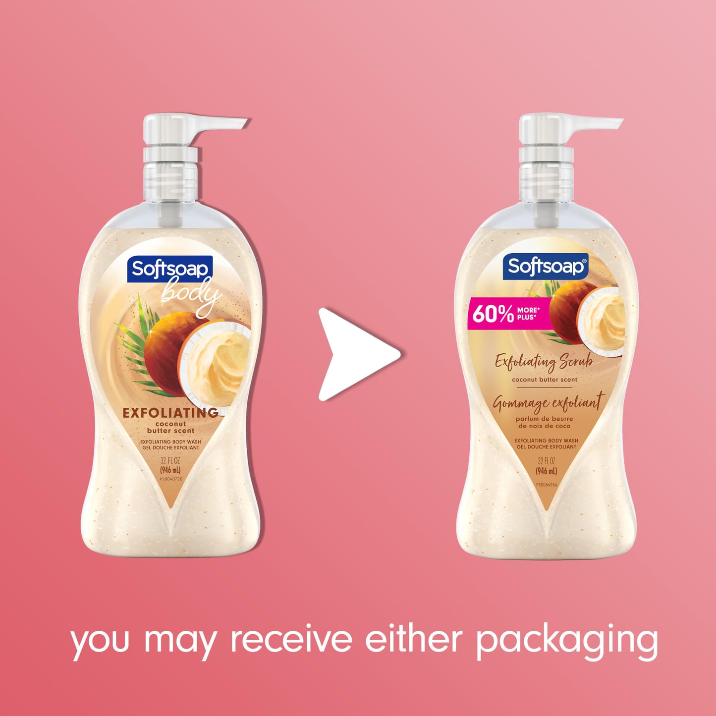 Softsoap Body Wash Pump, Coconut Butter Scrub, Exfoliating Body Wash, WHITE (Package May Vary), 32 Ounce (Pack of 2)