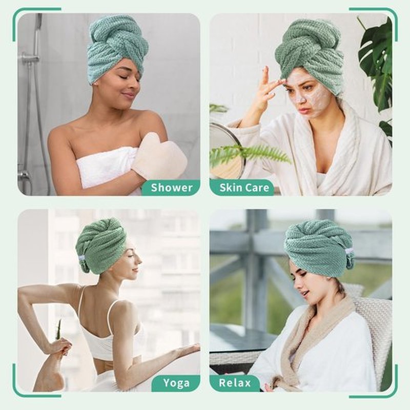 my novel things 2 Pack Extra Large Microfiber Hair Towel, 37.4" x 26.4" Hair Towel wrap for Women, Super Absorbent & Quick Dry Hair Towel, Hair Towel Wrap with Elastic Strap for Curly Hair (Green)