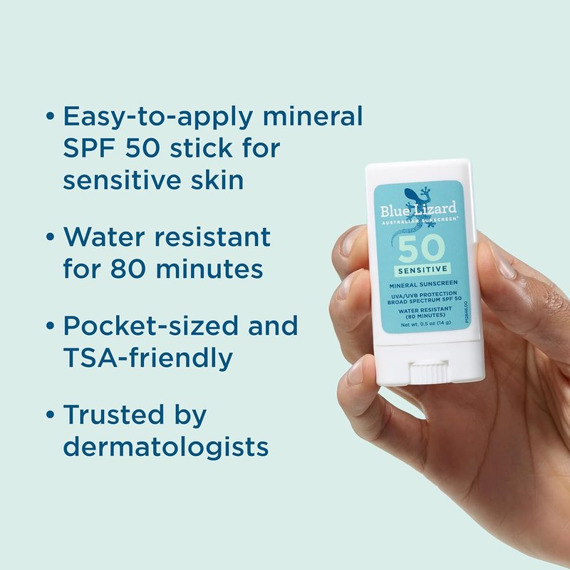 Blue Lizard Sensitive Mineral Sunscreen Stick - SPF 50+ Zinc Oxide, Water Resistant, Fragrance Free | 0.5 Oz