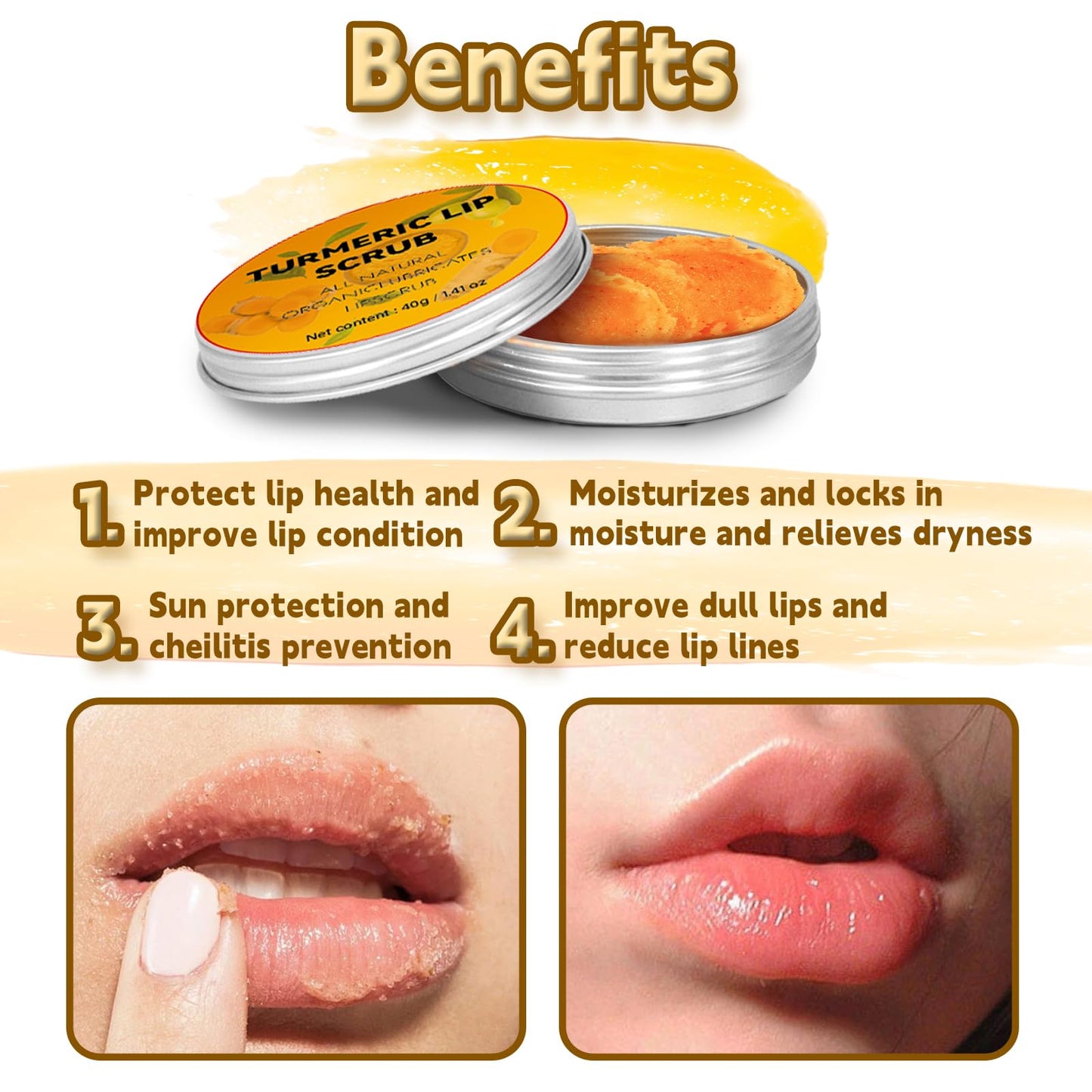 HAIOLORPRO 4PCS Turmeric Lip Scrub and Turmeric Lip Balm with Brush Set, Natural Lip Scrubber Exfoliator for Dry, Dull, Chapped, Dark lips, Reduces Fine Lines, Deeply Hydrates and Moisturizes