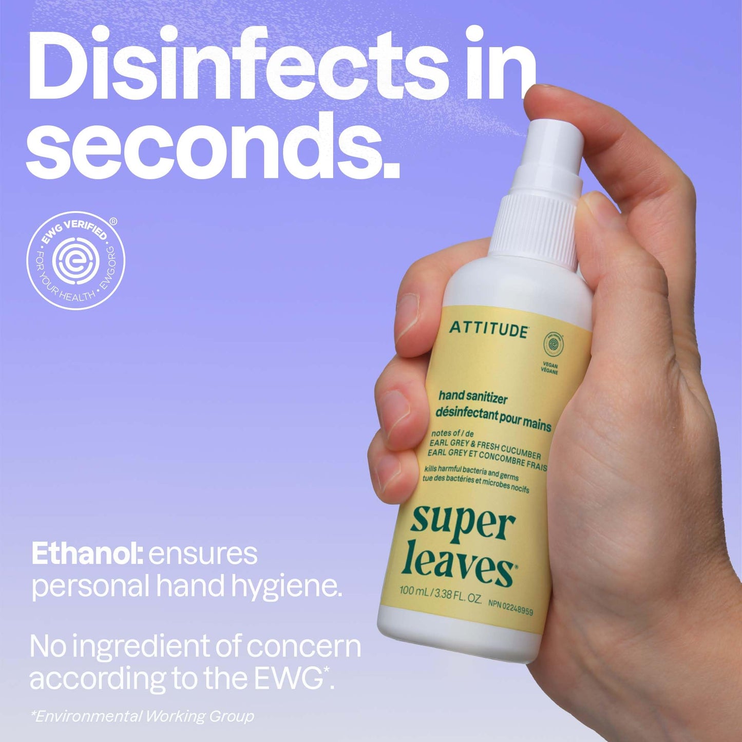 ATTITUDE Hand Sanitizer Spray, EWG Verified, Kills Germs & Bacteria, Vegan & Plant-Based, Safe for Adults & Kids, Earl Grey & Fresh Cucumber Scent, 3.38 Fl Oz (Spray Bottle)