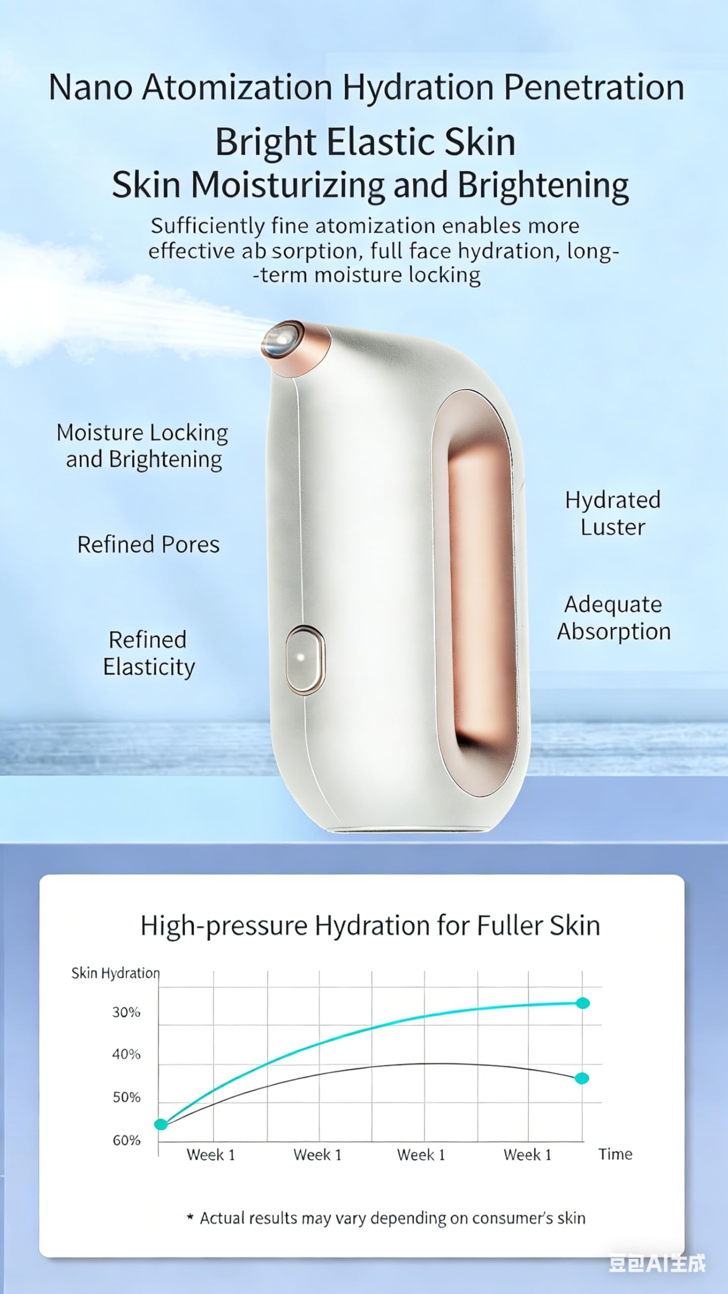 Handheld Needle-Free Oxygen Facial Machine, High Pressure Nano Mist Sprayer for at-Home Face Hydration and Brightening, White and Gold