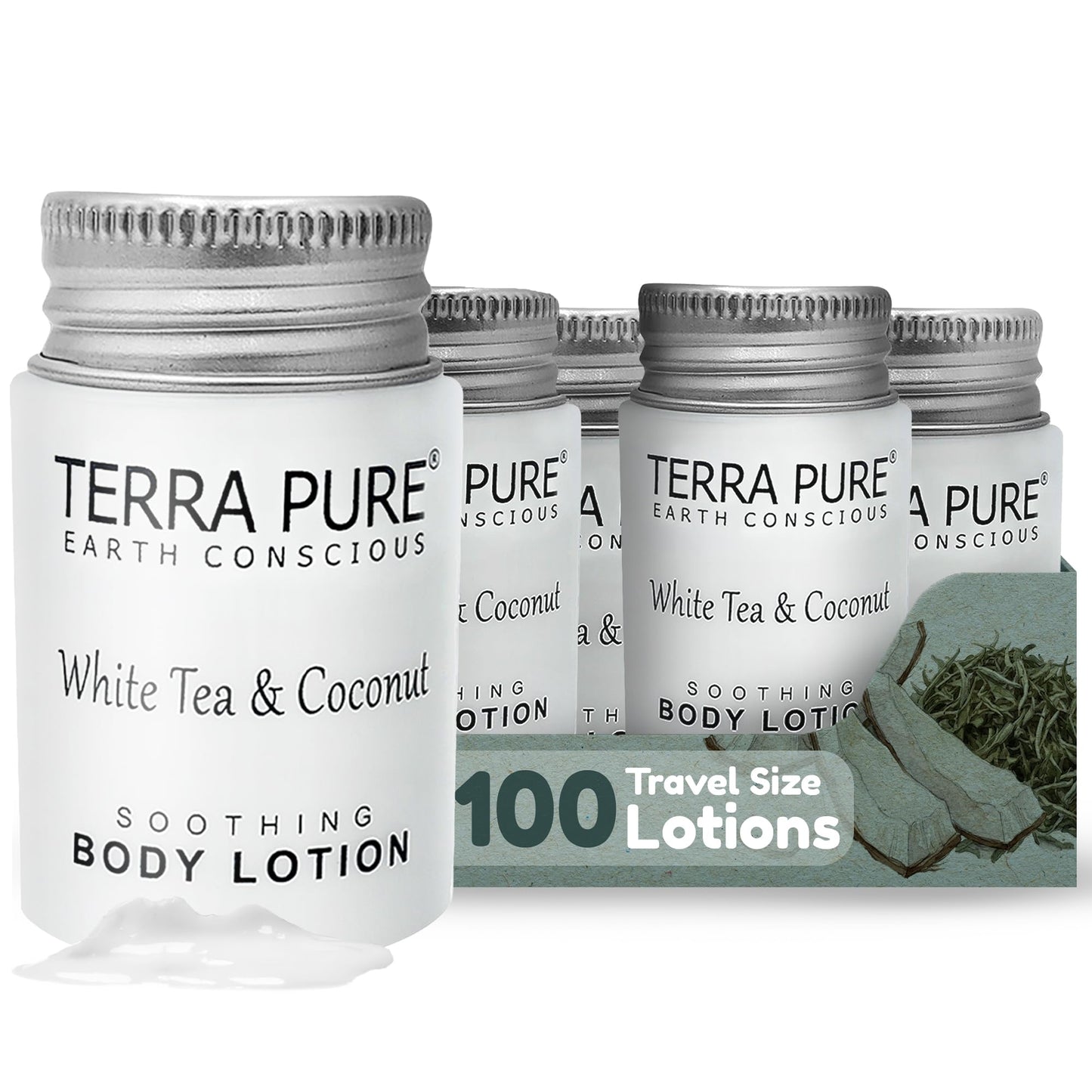 Travel Size Hotel Body Lotion 100 Count 1 oz Bottles Guest Amenities for Hotels Vacation Rentals & Short Term Rentals Paraben Free White Tea & Coconut Scent Infused with Aloe & Olive Oil by Terra Pure