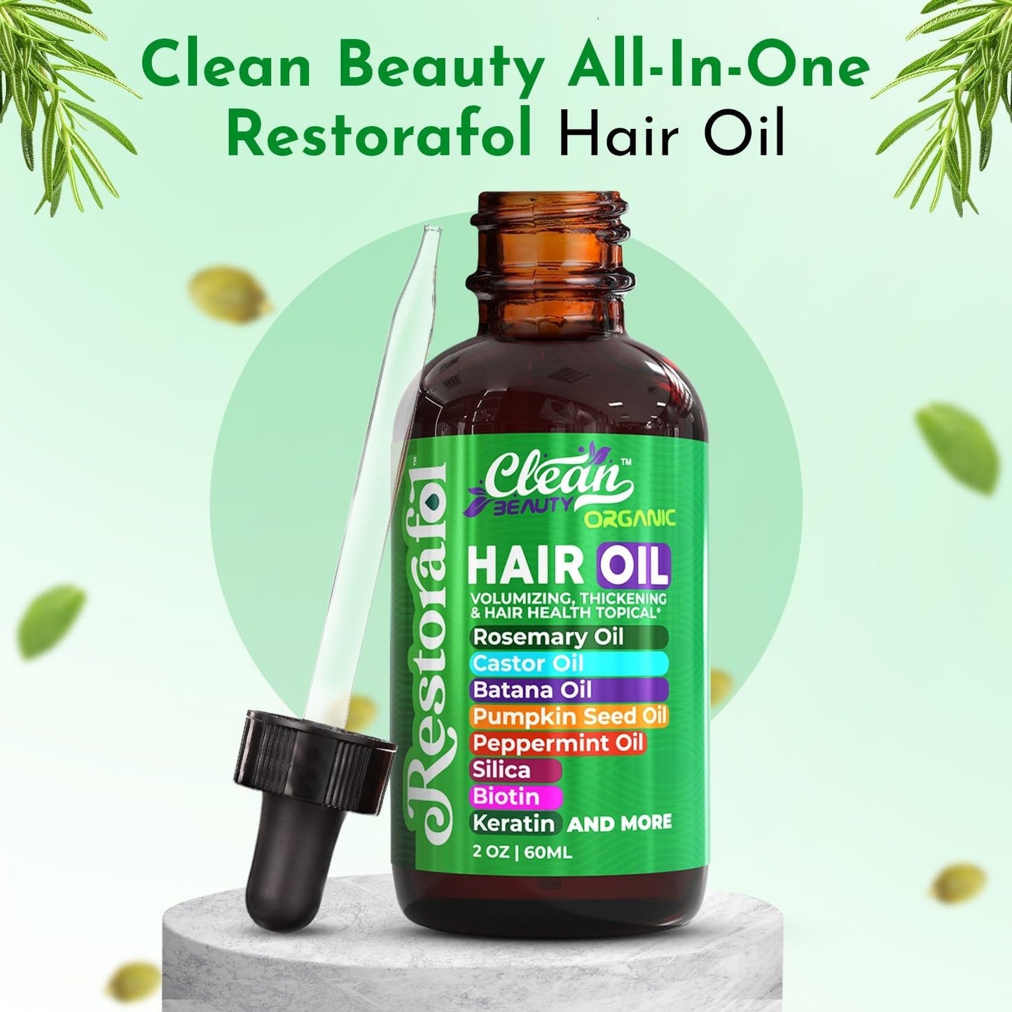 Clean Beauty Rosemary Hair Oil For Growth with Castor Batana Pumpkin Seed Peppermint Silica Biotin Collagen Keratin Saw Palmetto Horsetail Tea Tree Vit E Aloe Vera Jojoba (2 Pack)