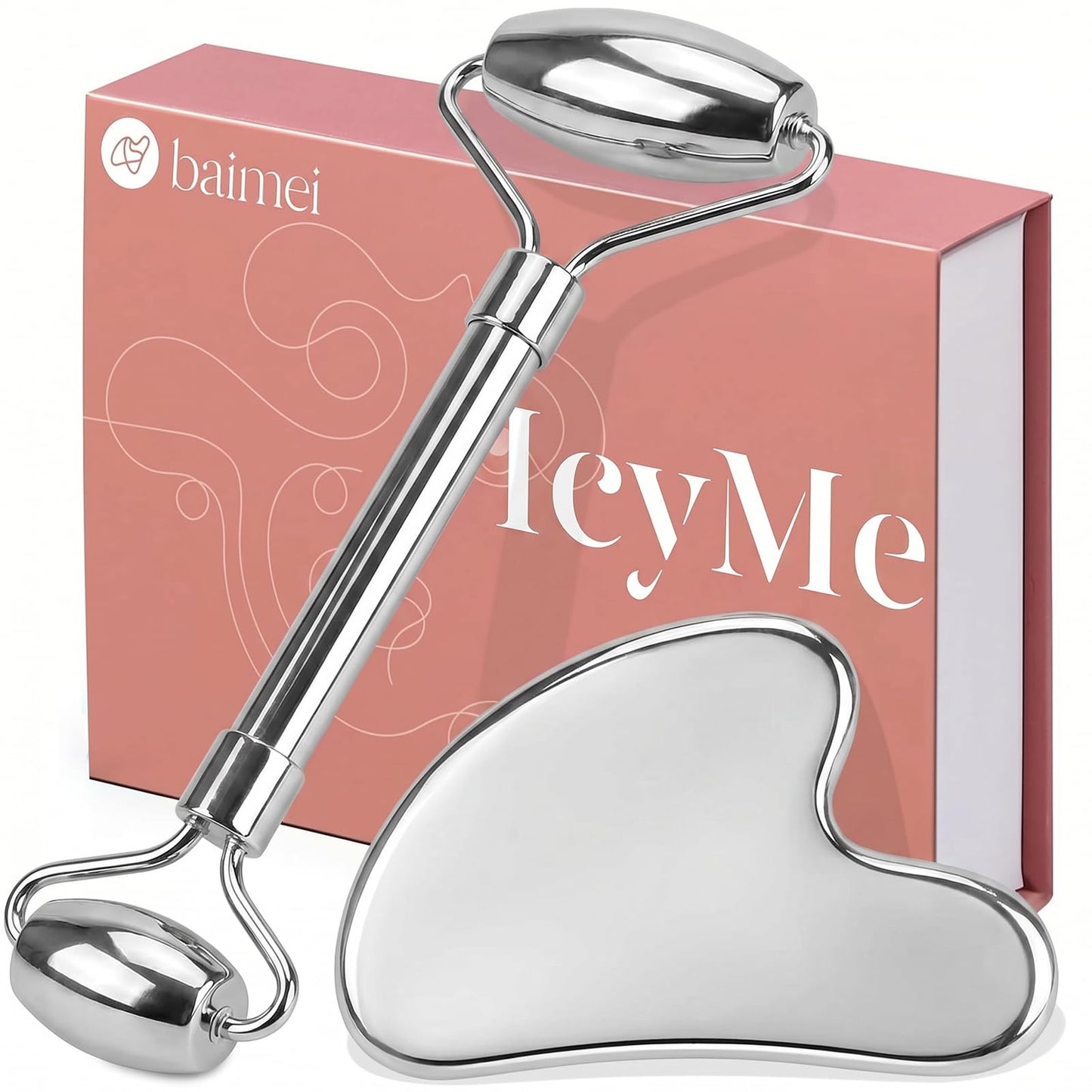 BAIMEI Stainless Steel Gua Sha & Face Roller Set, Facial Massage Tool for Face, Neck and Body, Cooling Metal Skin Care Tools for Depuffing Routine, Self Care Gift for Women