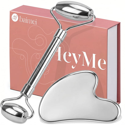 BAIMEI Stainless Steel Gua Sha & Face Roller Set, Facial Massage Tool for Face, Neck and Body, Cooling Metal Skin Care Tools for Depuffing Routine, Self Care Gift for Women