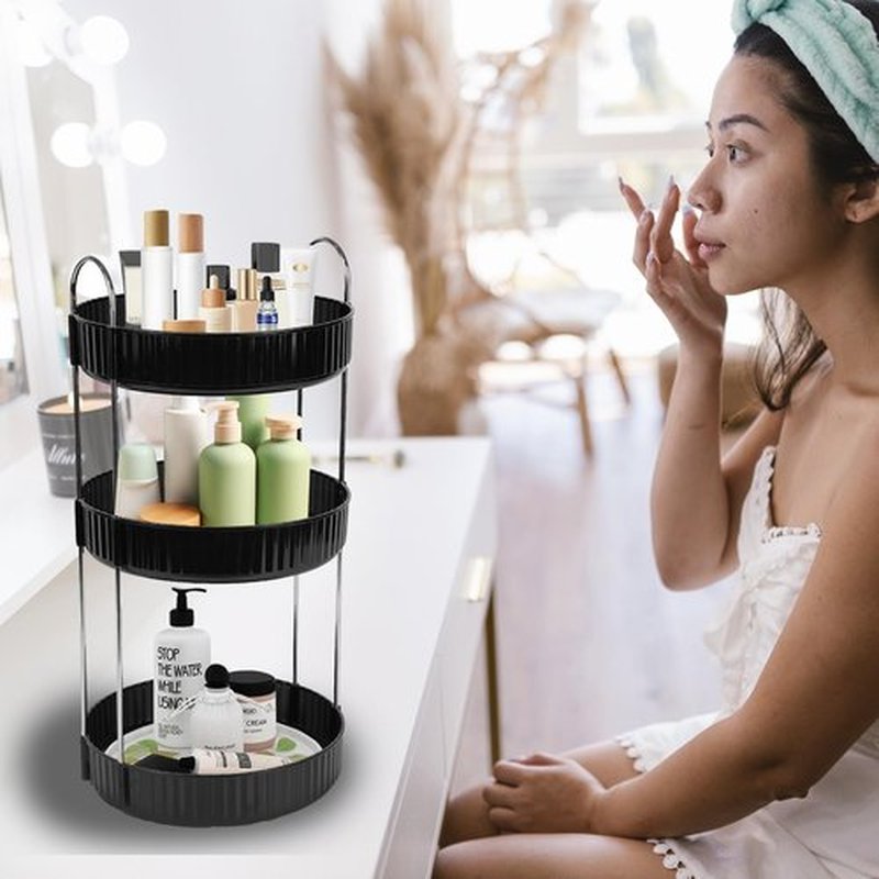 Zufudo Rotating Makeup Organizer 3 Tier Lazy Susan Trays Skincare Perfume Organizer for Bathroom Counter Vanity, Black