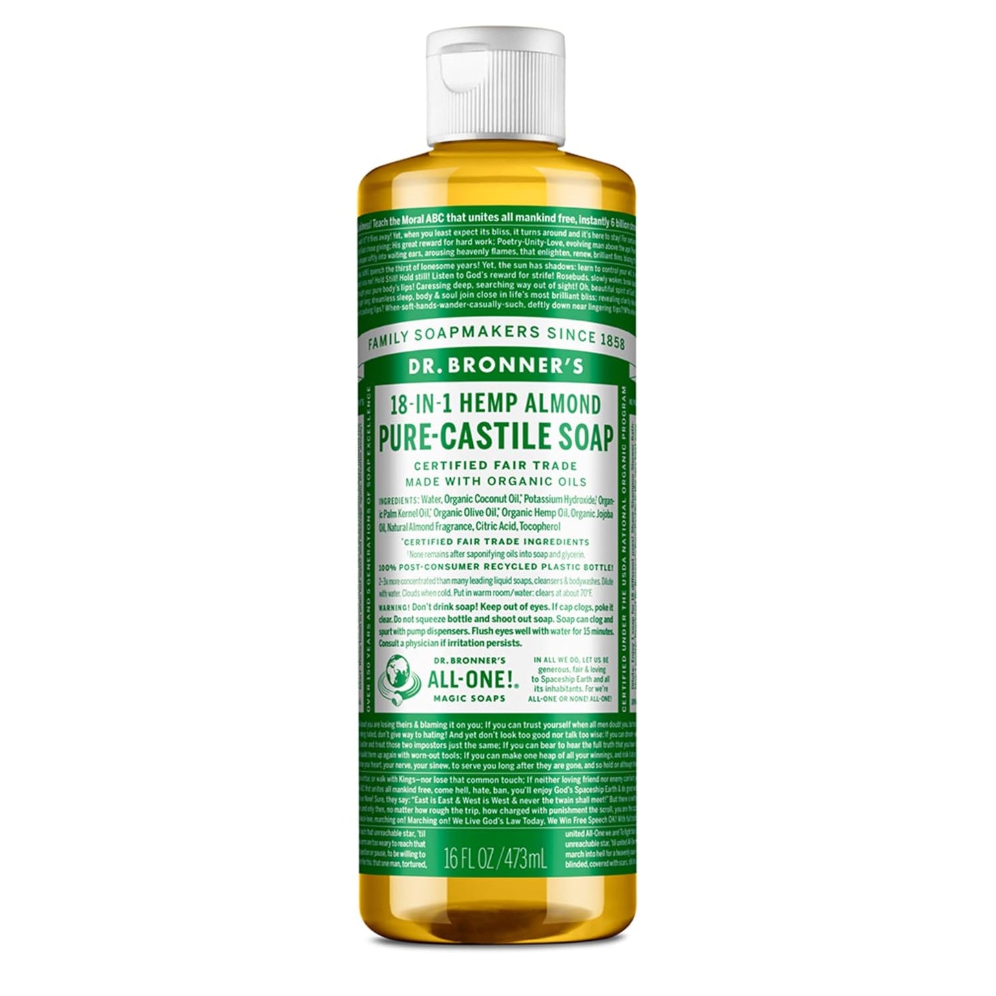 Dr. Bronner's - Pure-Castile Liquid Soap (Almond, 32 ounce) - Made with Organic Oils, 18-in-1 Uses: Face, Body, Hair, Laundry, Pets and Dishes, Concentrated, Vegan, Non-GMO