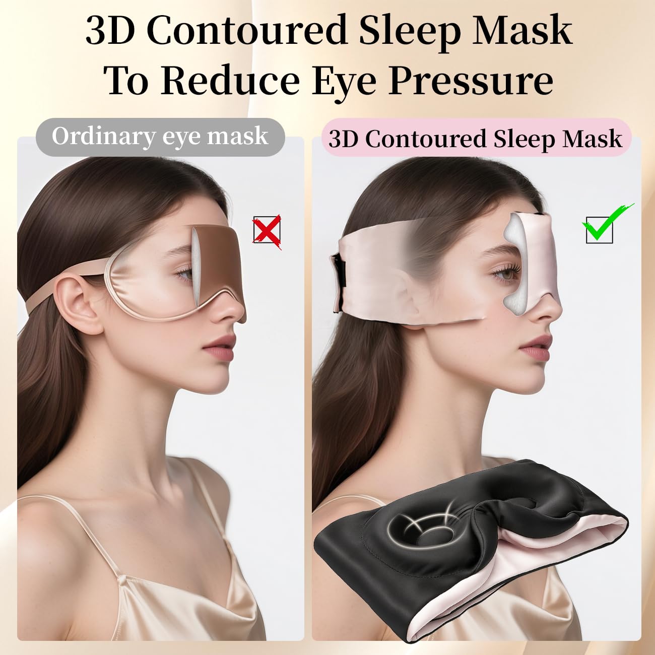 USlixury® 3D Contoured Silk Sleep Mask, Total Blackout&Zero Eye Pressure