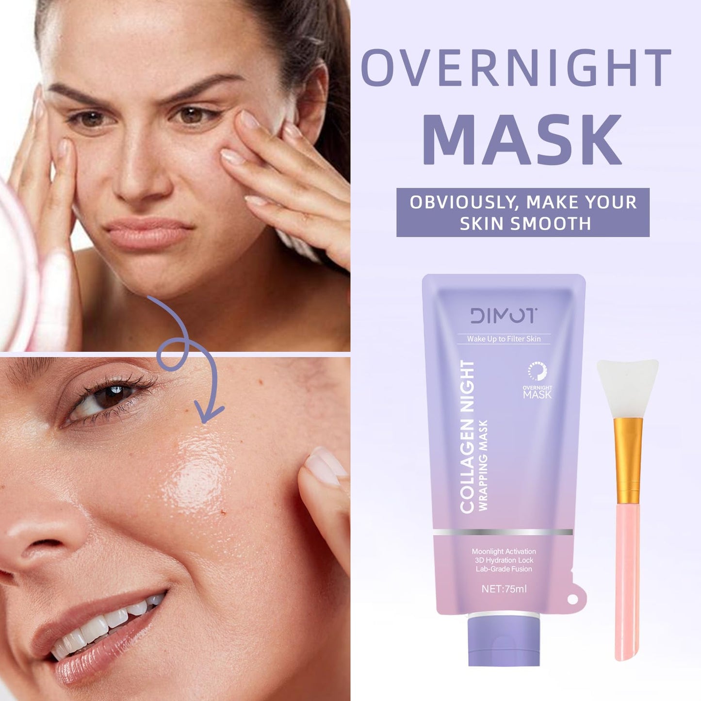 Zgxhga Collagen Night Wrapping Mask, Collagen Peel-Off Face with Jelly Brush - Deeply Hydrates & Firming & Glowy - Enhances Skin Elasticity, For Glowing Skin 2.54 fl.oz (1PC)