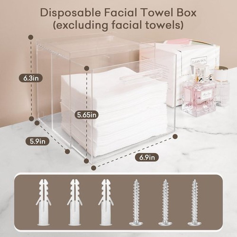BREENHILL Disposable Facial Towel Storage Box, (Include Disposable Face Towel) Acrylic Towel Container Box Wall-Mounted Makeup Organizer with Drawer for Face Towel