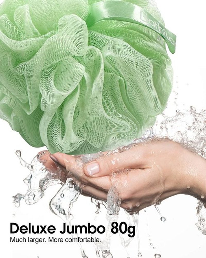 Bathflor Shower Loofah Sponge Exfoliating Body Scrubber 80g, Charcoal Loofa for Women & Men Bath Wash: 1 Long Handle Back Brush Plus 4 Packs Extra Large 80g Soft Mesh Luffa Poufs, 1 Lufa Hook (4Color)