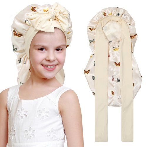 Kids Long Hair Bonnet for Sleeping - Double Layer Girls Elastic Satin Bonnet with Tie Band for Braid Curly Hair (Butterfly+Beige)