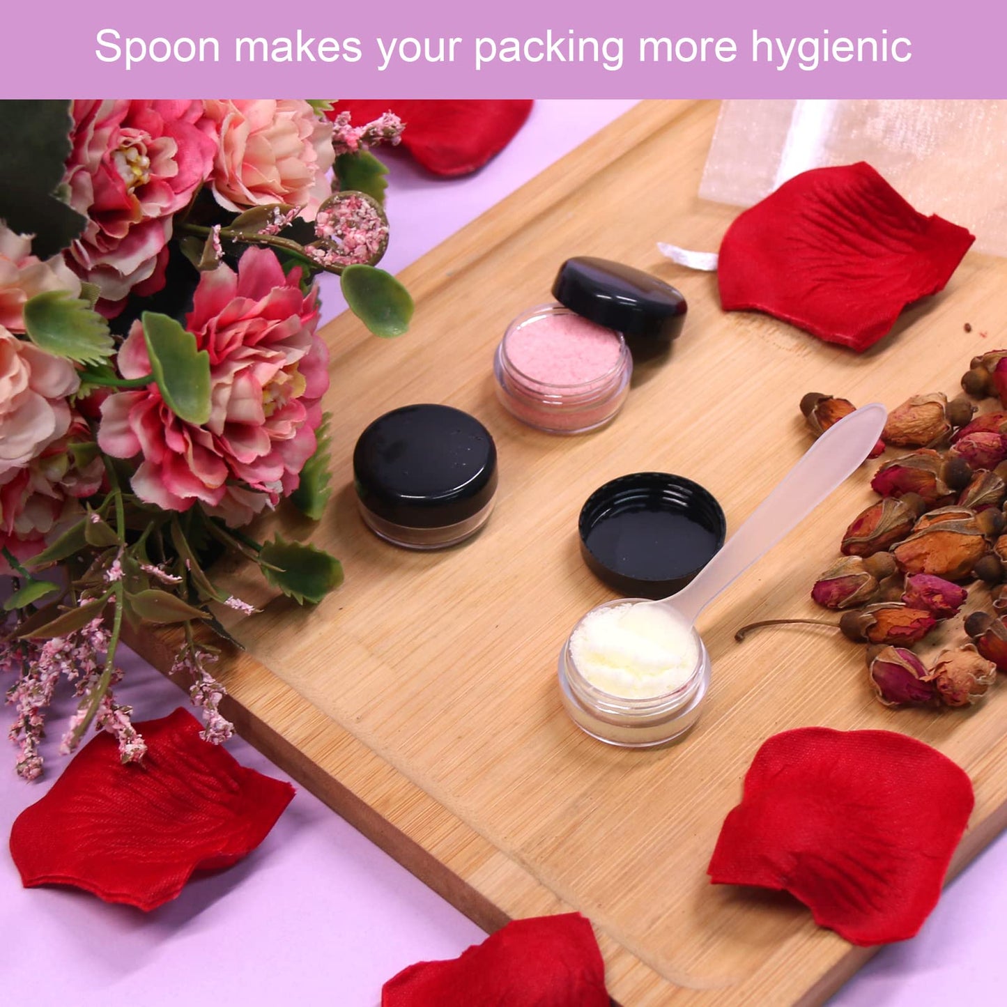 SumDirect 5 Gram Cosmetic Containers - 100Pcs Sample Jars with Lids, Small Plastic Makeup Sample Containers with 10Pcs Organza Bags and a Scoop