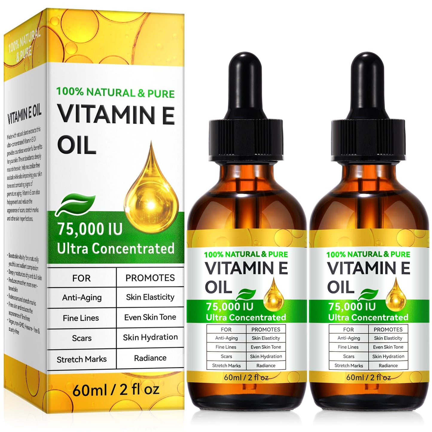 Tiuedu 2PCS Natural Vitamin E Oil for Skin, Ultra Concentrated Vitamin E Oil for Face, Hair and Scars, Moisturizing Dry Skin Oils, Promotes Skin Elasticity