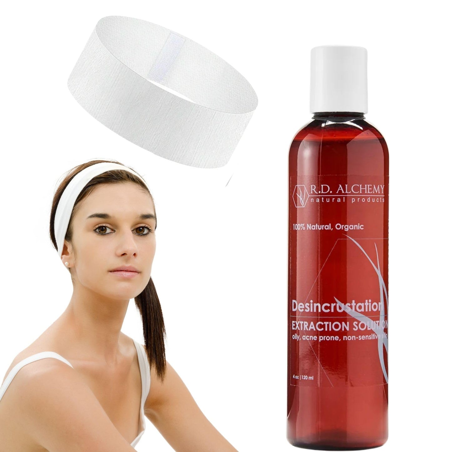 RD Alchemy - Professional Desincrustation Solution - Scaling Fluid Blackhead Remover + 5 Pack Disposable Spa Headbands. Estheticians, Spa & Home Use.