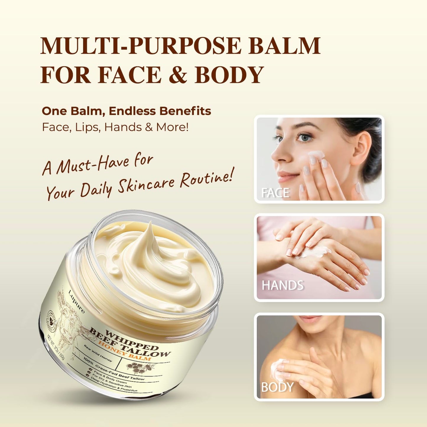 Lupure Beef Tallow Balm for Skin, Whipped Grass Fed Beef Tallow with Honey, Organic & All-Natural Face Moisturizer, Hydrating & Nourishing Balm for Dry Skin, Eczema Relief, Unscented, Non-Greasy, 2oz