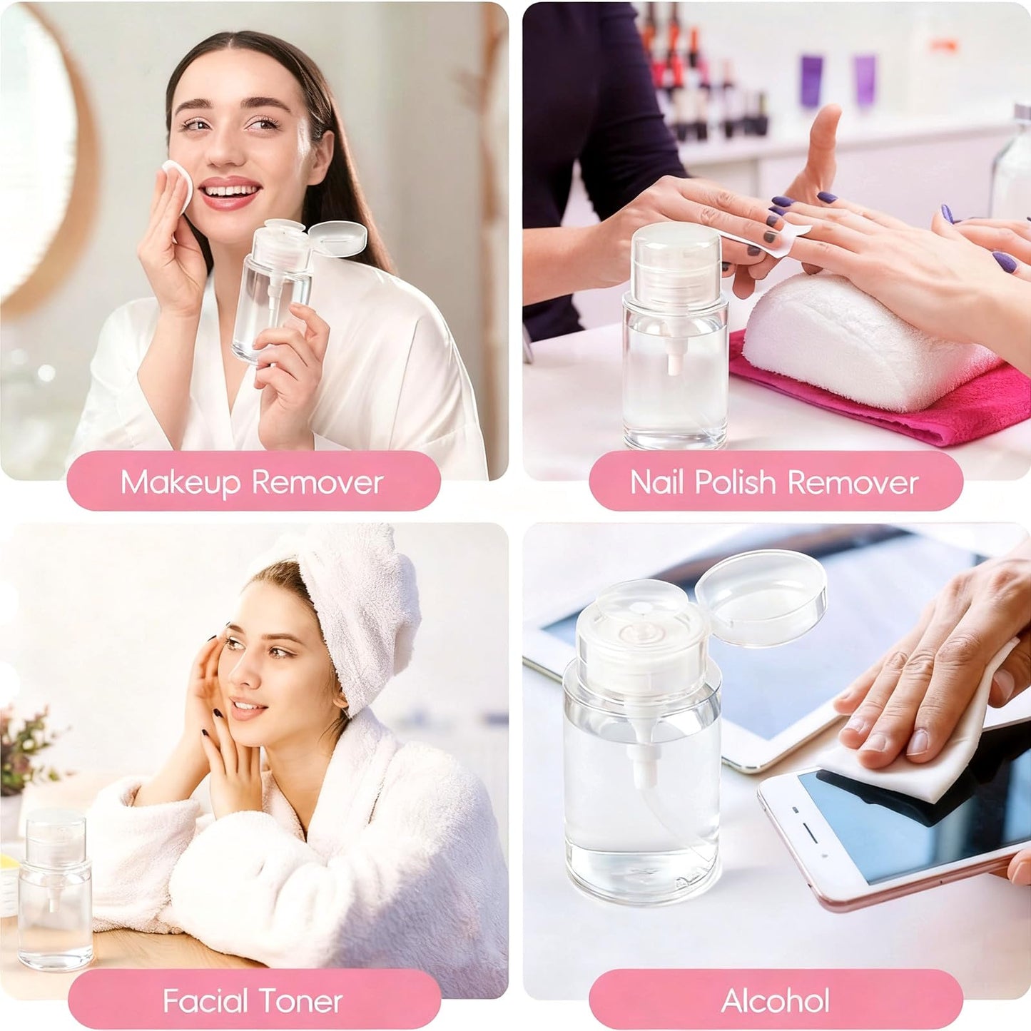 3 Pack Push Down Pump Bottle Dispenser for Makeup Remover, Facial Toner, Micellar Water, Alcohol, Nail Polish Remover Empty Push Top Bottles Containers 6.7oz/200ML