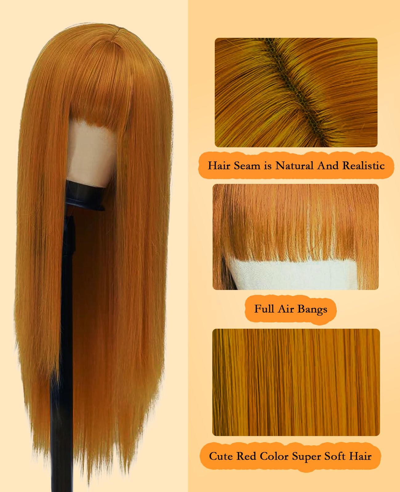 MaxlaceWig Ginger Wig with Bangs for Women, 28 Inch Long Straight Orange Bangs Wigs Natural Looking Synthetic Heat Resistant Fiber Guleless Straight Wig for Daily Party Use Halloween Cosplay Wig