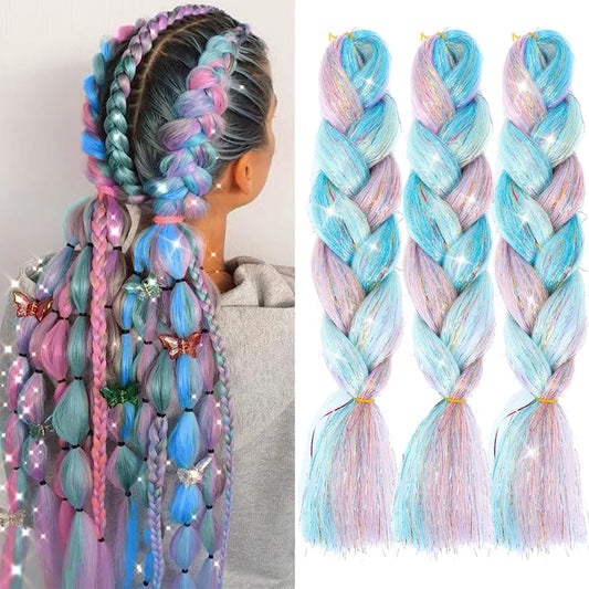 Jumbo Glitter Braiding Hair Fiber Silky Colorful Twist Braiding Hair 3pcs Highlights Glitter Tinsel Hair Extensions Synthetic Hair Sparkling Shiny Soft Healthy Fairy Hair (24 Inch 3pcs)