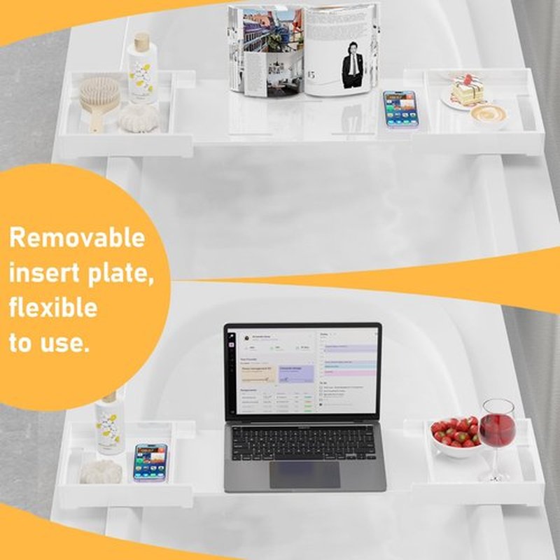 Bathtub Tray Caddy Table for Tub - Rulyyo Tub Tray Bath Caddy Tray for Bathtub, White 23-42.5 Inch Expandable Over The Tub Bath Tray for Bathtub, Waterproof Bathtub Caddy Tray for Luxury Bath