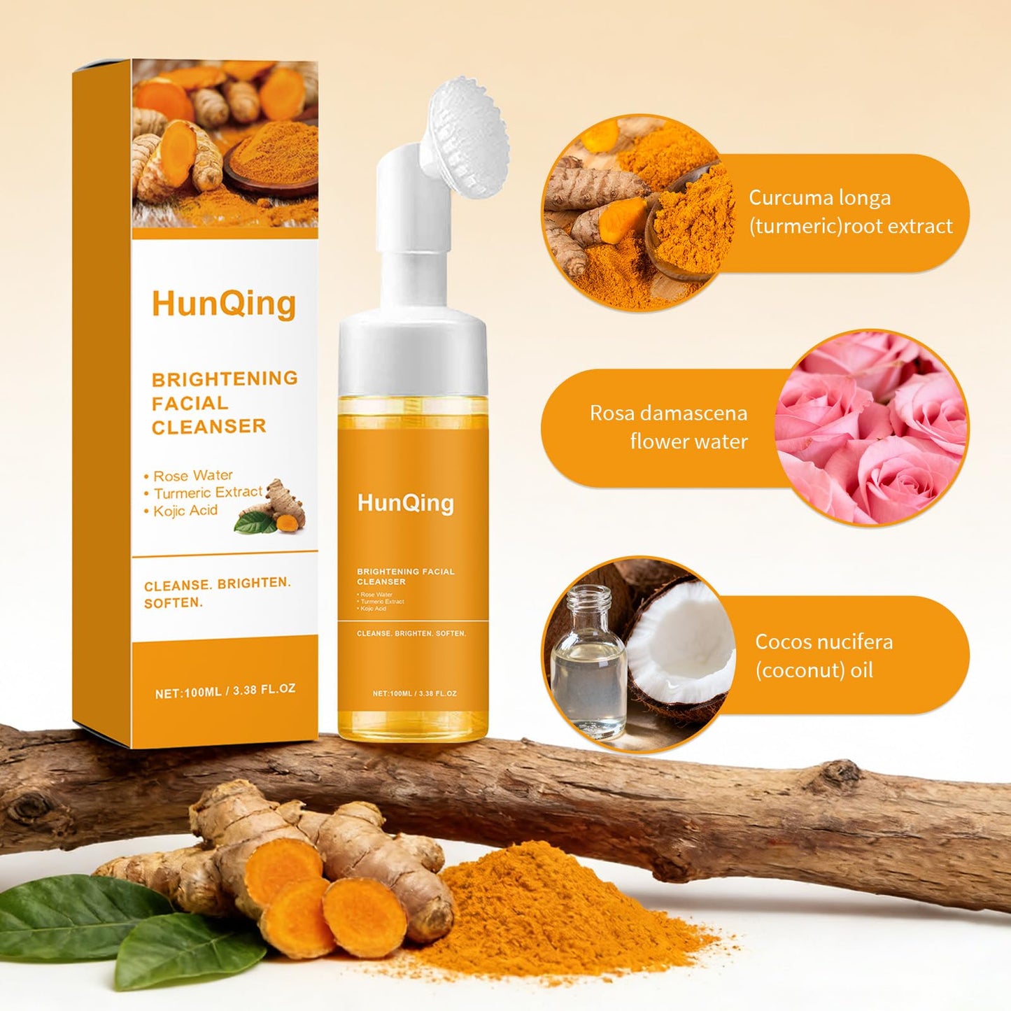 HuaQing Glow Wash Turmeric Face Wash With Brush,Deep Cleansing Exfoliating Foaming Facial Cleanser.