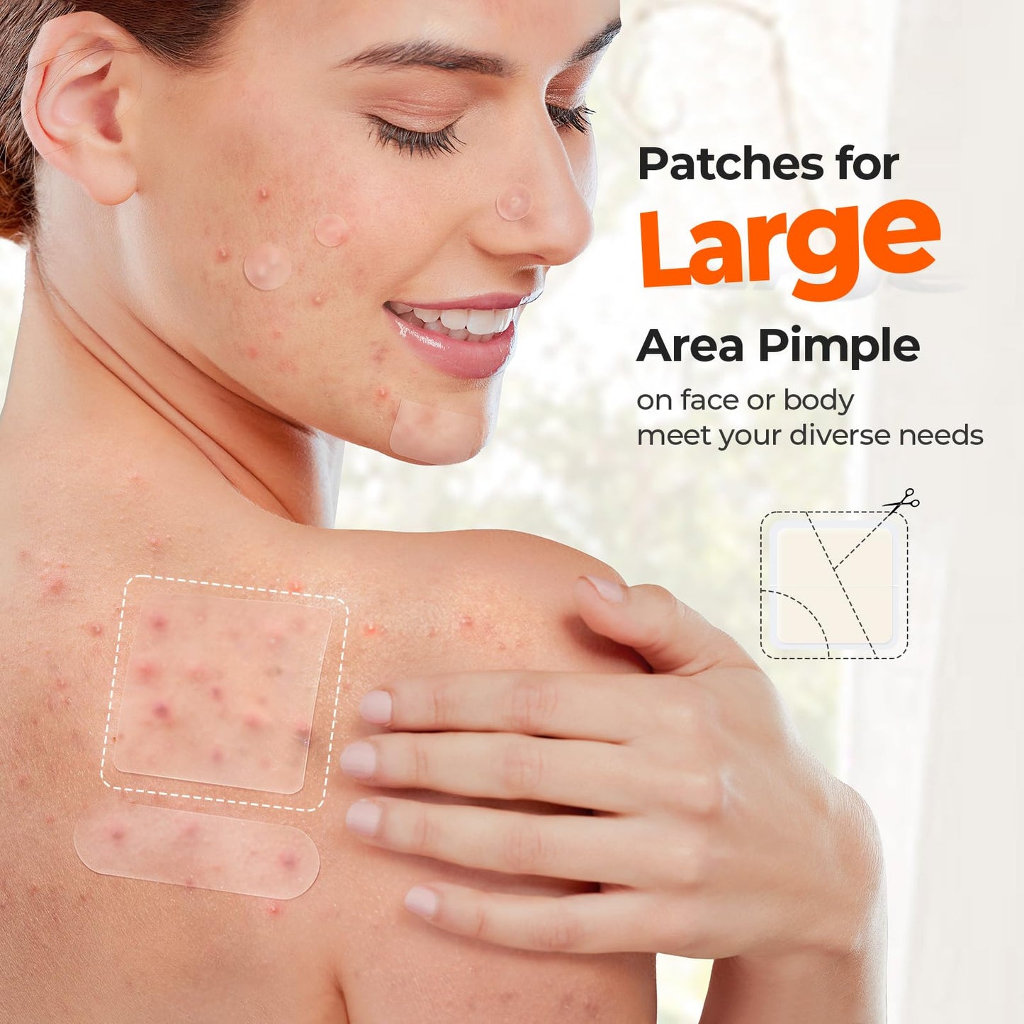 TKTK Hydrocolloid Bandages, 45 x 45 mm Large Pimple Patches for Face, XL Acne Patches for Body, Back, Forehead, Cheek Zit Breakouts, Big Hydrocolloid Patch (Square, Strip, Dot 5 Sizes 120 Count)
