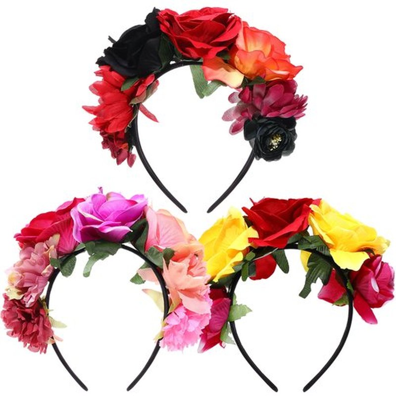 WILLBOND 3 Pcs Mexican Rose Flower Crown Headband Day of The Dead Headband Halloween Cosplay Headpiece(Stylish Colors)
