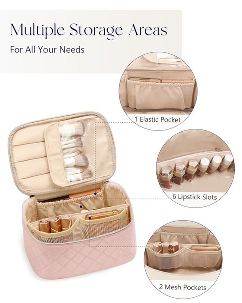 Prite Makeup Bag, Large Capacity Portable Travel Cosmetic Bag, Waterproof Makeup Organizer for Women with Handle and Divider(Pink Rhombus)