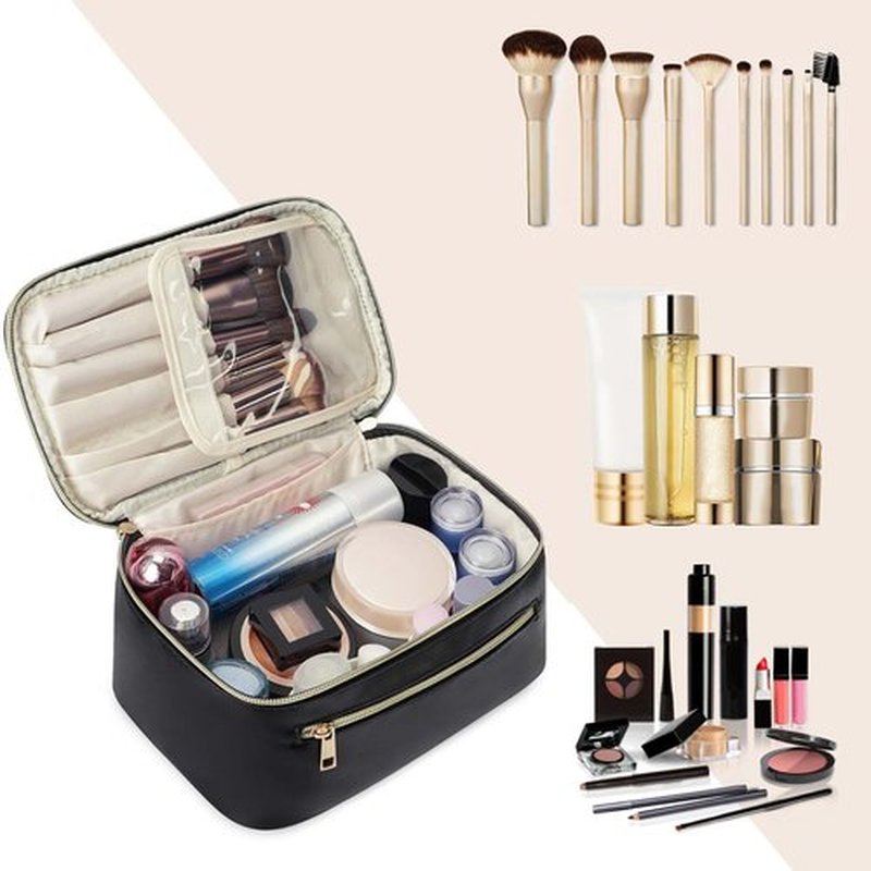 Wandering Nature Makeup Bag, Travel Make Up Organizer Cosmetic Brush Bags Case for Women in Vegan Leather, Black(Patent Pending)