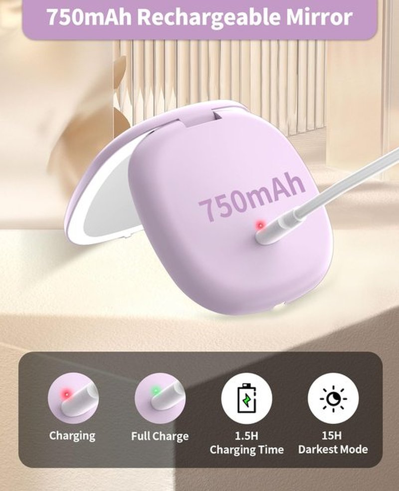 wobsion Travel Mirror with Light, Rechargeable 1x/10x Compact Magnifying Mirror, Dimmable Pocket Mirror,Handheld 2-Side Mirror with Light,4inch Travel Size,Portable for Handbag,Purse,Gift,Purple